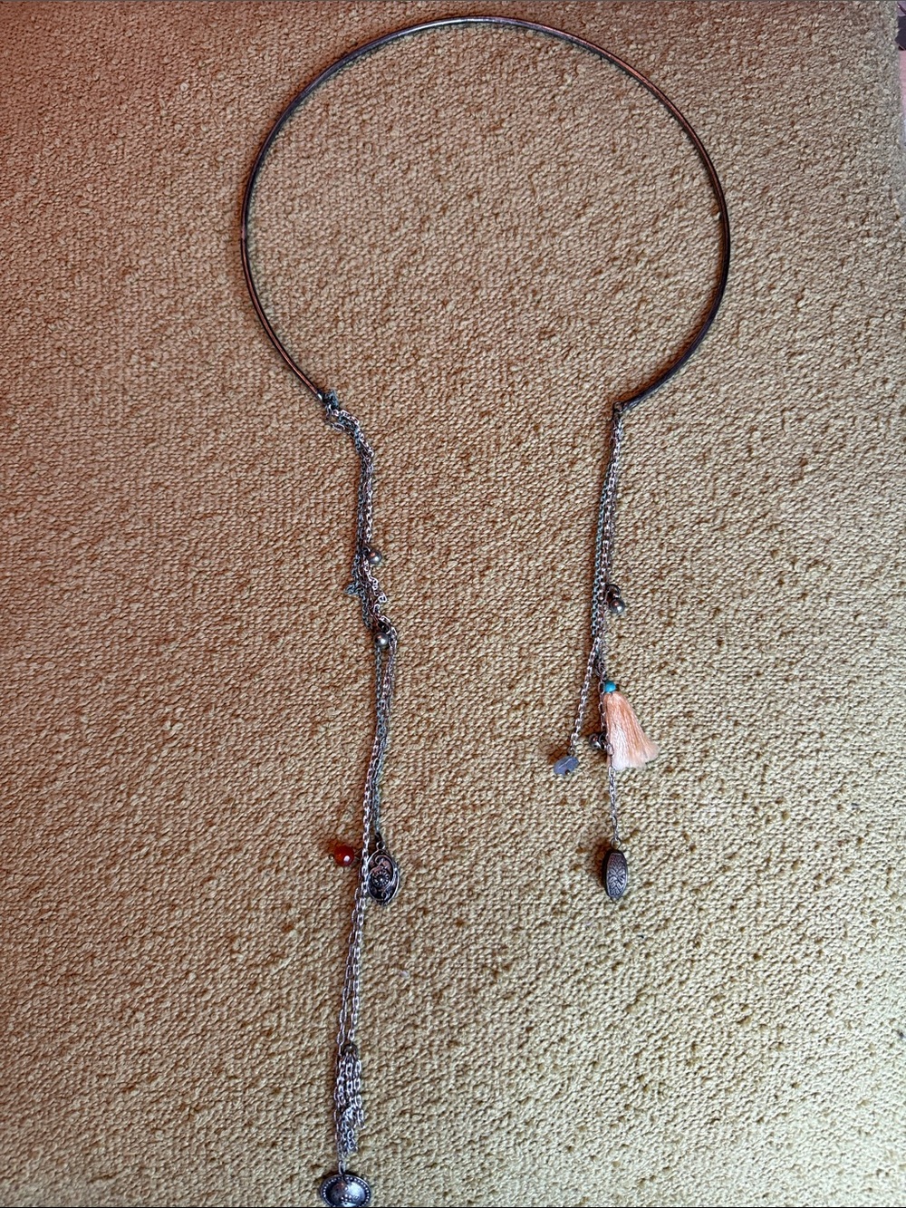 Silver-Tone Women’s Collar Necklace with Pink Tassel Accent